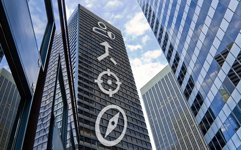Tall building with business icons representing Discover, target, alignment and security